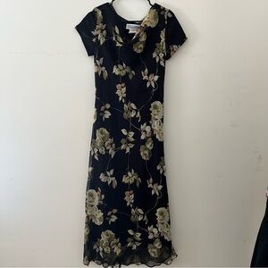90s Y2K Jessica Howard Black Floral Midi Dress size 6 dark feminine whimsigoth